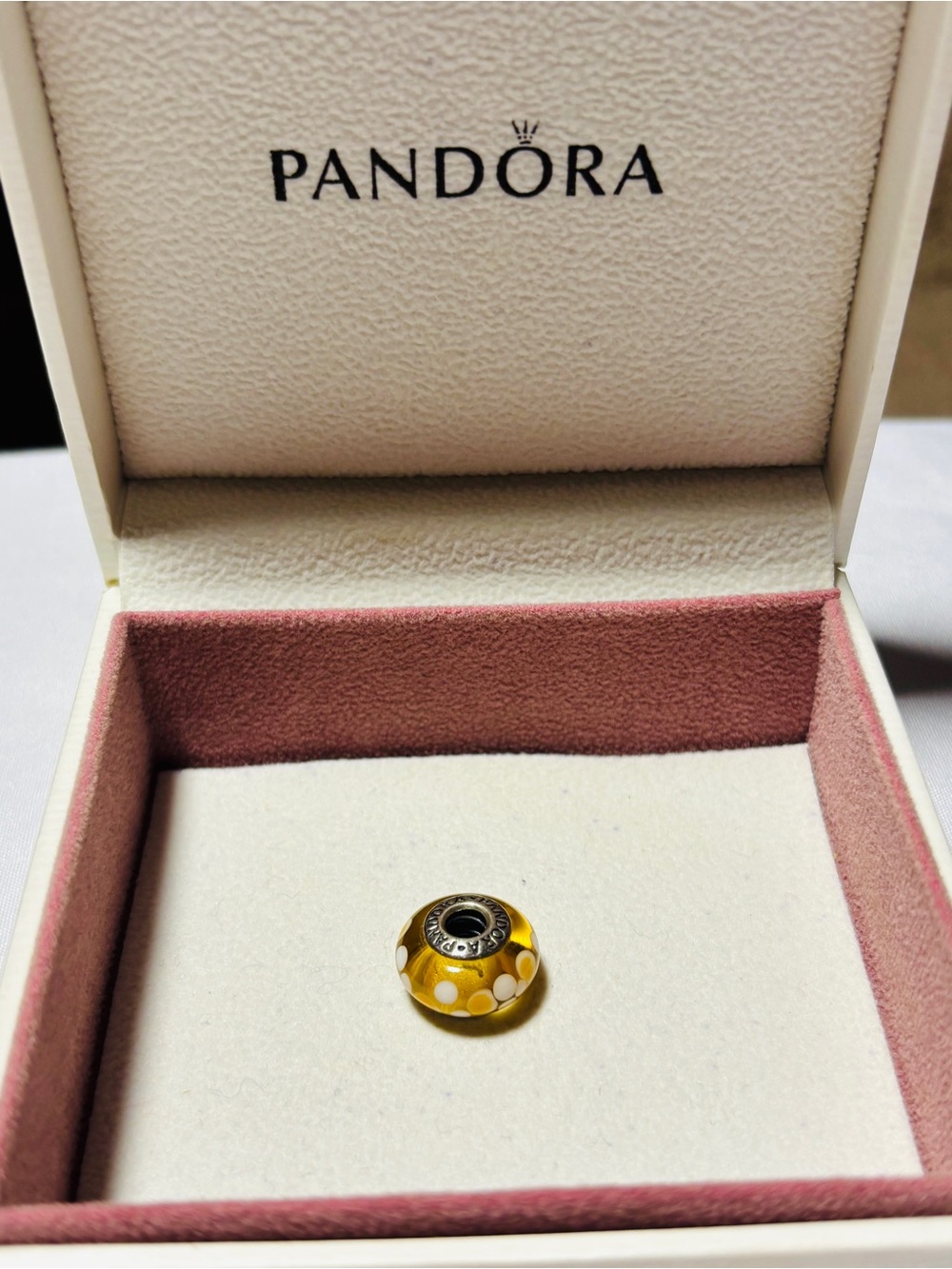 RETIRED Pandora Amber Yellow Murano-Style Glass Charm with White Dots - Picture 3 of 3